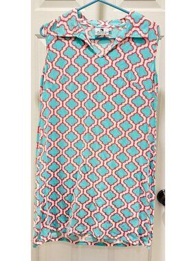 Malabar Bay women’s L Large pink teal blue white geometric dress v-neck collar